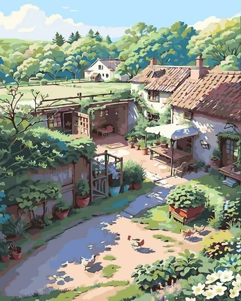 Tapyba Pagal Skaičius: „Saulėtas kaimo kiemas“ 40x50 cm