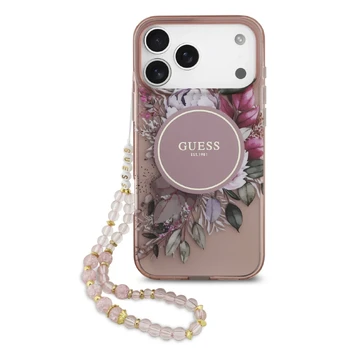 Dėklas Guess IML Flowers Strap MagSafe Case for iPhone 17 Pro Max Rožinė