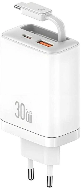 Wall charger USAMS Xiang Series CC296 30W 1xUSB-C 1xUSB-A + USB-C cable baltas