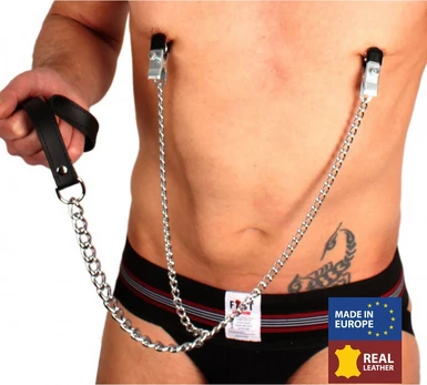 Red Leather Clamps with Chain and Leash Black/Silver 55cm