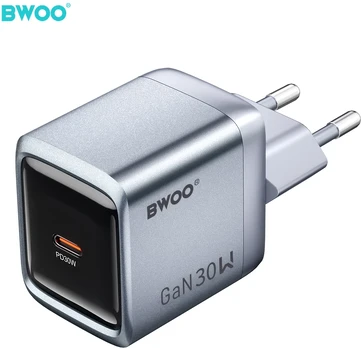 BWOO BO-CDA236 GaN wall charger 1xUSB-C 3A PD 30W pilkas with PPS