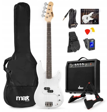 Max bosinė gitara, baltas komplektas + stiprintuvas, stovas, dėklas, priedai