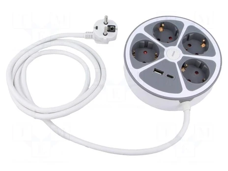Extension lead | 3x1.5mm2 | Schuko | Sockets: 6 | PVC | white | 2m | 16A