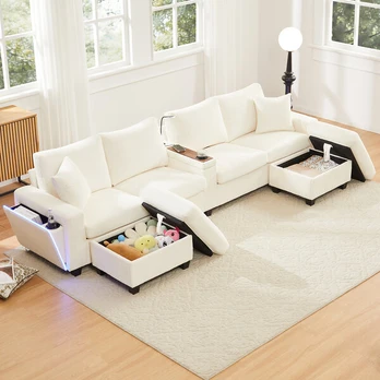 U formos virvelinis sofa, 2 taburetės, LED, USB, 334x128.5x81 cm