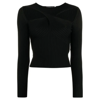 Palaidinės moterims, Juoda, Black ribbed knit cut out top