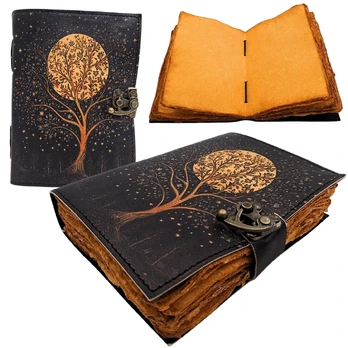 Leather Notebook Vintage Retro Tree and Moon 200 pages - AH08