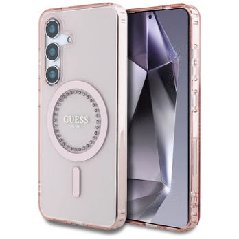 Dėklas Guess Rhinestones Printed Classic Logo MagSafe Samsung Galaxy S25 rožinis