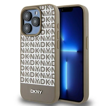 Dėklas DKNY PU Leather Repeat Pattern Bottom Stripe MagSafe Case for iPhone 15 Pro Brown