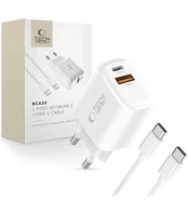 Baltas pakrovėjas 1xUSB-A + 1xUSB-C PD30W/QC3.0 + 100cm USB-C - USB-C laidas "Tech-Protect NCA30 2-Port"