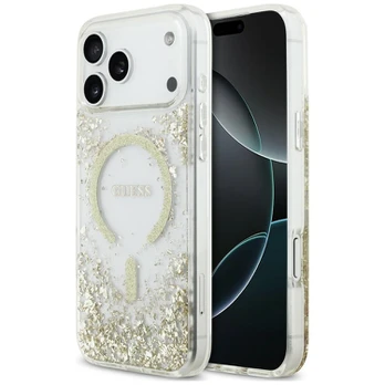 Dėklas Guess Resin Bottom Glitter MagSafe do iPhone 18 Pro Max / 17 Pro Max auksinė