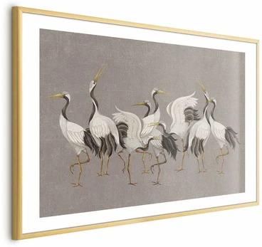 Artgeist Plakatas - Crane Dance - light bird silhouettes on a warm-pilka textured background