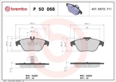 Stabdžių trinkelių rinkinys, diskinis stabdys BREMBO P 50 068