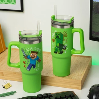 Paladone Minecraft Green 900ml termo puodelis su šiaudeliu
