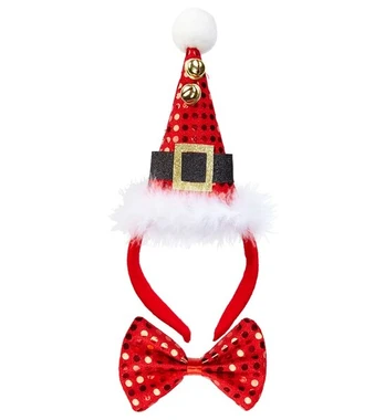 SEQUIN MINI SANTA HAT WITH 2 JINGLE BELLS & BOW TIE