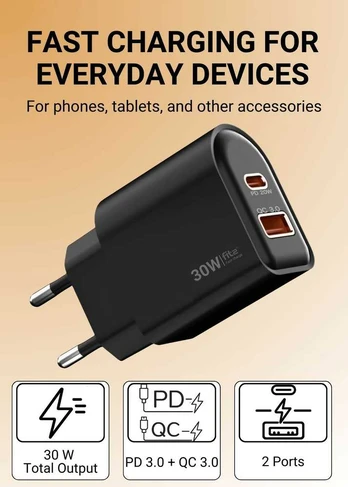 Greitasis įkroviklis FIT2, 30W (USB A +Type C), FITK22-W, baltas