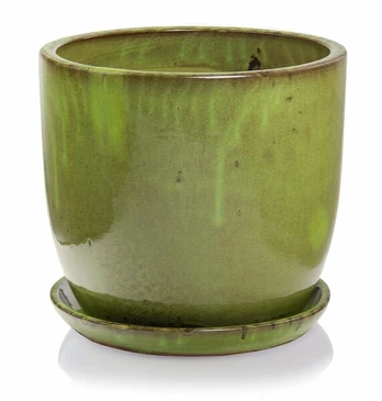 Keraminis vazonas Glazed su lėkštele, apvalus, žalias, 32 x 26 cm
