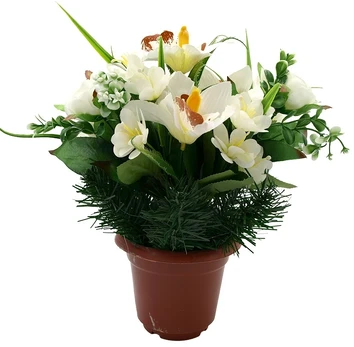 Dirbtinė orchidėjų ir zinijų puokštė vazone