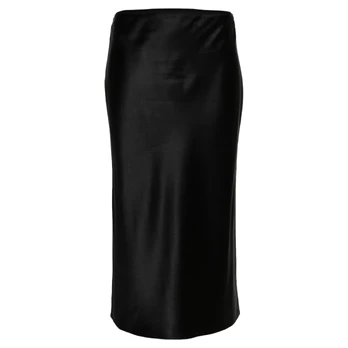 Midi sijonas moterims, Juoda, Elasticated-waist silk skirt