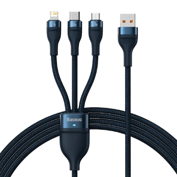 Baseus Flash 3 su 1-ben USB įkrovikliu, USB-C + Micro USB + Lightning 66 W, 1.2 m (kek)