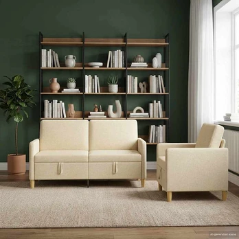 Sofa Sofos komplektas su saugojimu 2 pcs Kreminė Poliesteris
