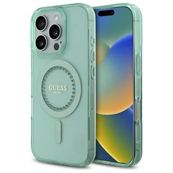 Guess Guess IML Rhinestones MagSafe iPhone 16 Pro dėklas – žalias
