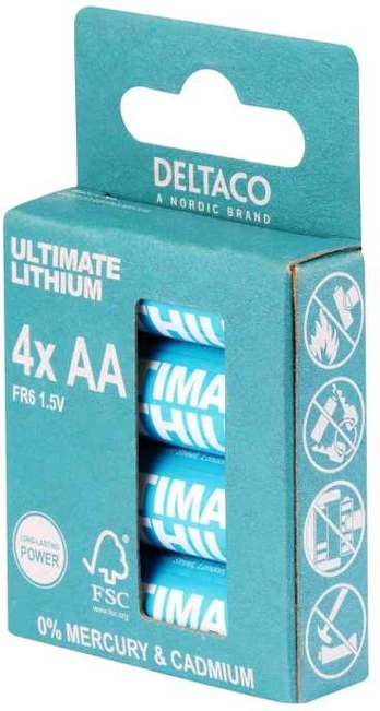 Deltaco Ultimate Lithium batteries, 1.5V, LR6/AA size, 4-pack