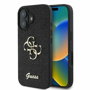 Guess PU Fixed Glitter 4G Metal Logo Case for iPhone 16 Juodas