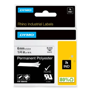 Rhino IND ORIGINAL polyester label tape 6mm x 5.5m, black on white