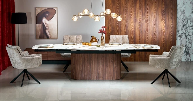 FLAVOR extension table, baltas marble / walnut