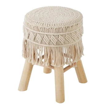Boho taburetė su makramė aptraukta sėdyne, H.42 cm