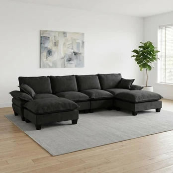 Modulinis kampinis sofa, Chenille audinys, 6 vietų, juoda