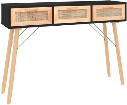 Konsolinis staliukas, juodas, 105x30x75cm, pušis ir ratanas