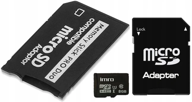 Imro Atminties kortelė 8gb su Sd adapteriu + Memory Stick Pro Duo adapteris Psp