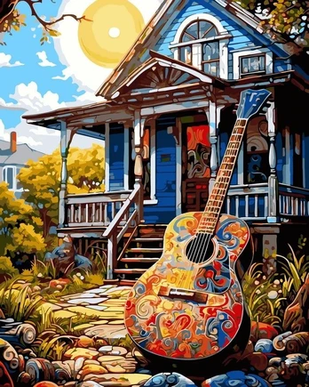 SuperColor Tapyba Pagal Skaičius: „Gitara prie kaimo namo“ 40x50 cm