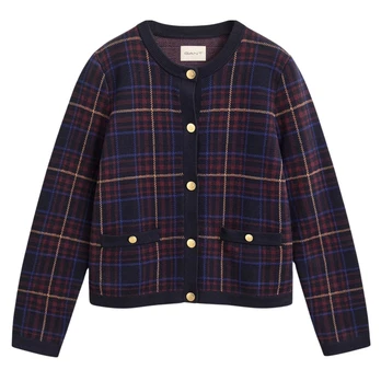 Kardiganas moterims, Mėlyna, Check knit c-neck cardigan