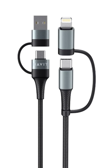 Įkrovimo laidas HAVIT DOT 6244, universalus, Type-C arba USB-A į Type-C arba Lightning, sustiprintas