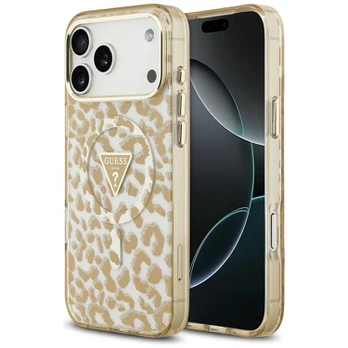 Dėklas Guess IML Leopard Glitter Triangle Logo MagSafe do iPhone 18 Pro / 17 Pro ruda