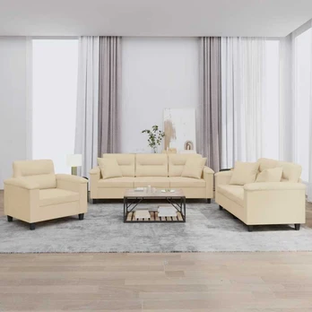 Sofa Sofos komplektas su pagalvėmis, 3 dalių, kreminis, audinys