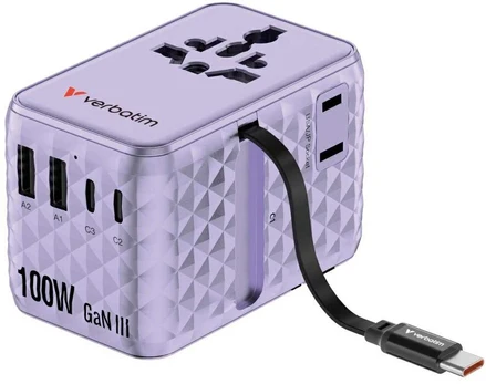Verbatim Adapteris kelioninis EU/UK/US GaN 2xUSB-C/2xUSB-A/1xUSB-C PD 100W violetinė 30193