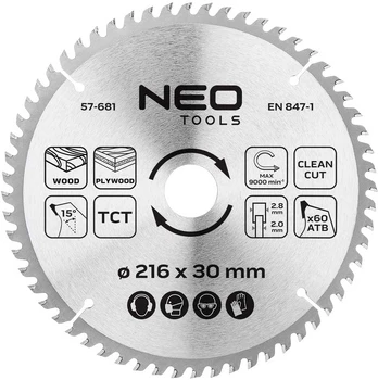 Neo Tools Diskinio pjūklo diskas, Widia, 216 x 30 mm, 60 dantų