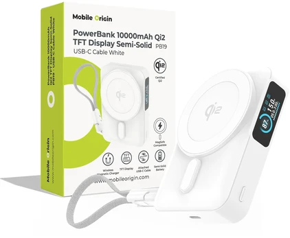 Mobile Origin 10000 mAh Qi2 TFT Ekranas Semi-solid PowerBank PB19 – USB-C Cable Baltas