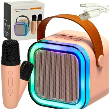 Karaoke rinkinys, Bluetooth, garsiakalbis, mikrofonas, USB LED 6W, rožinis