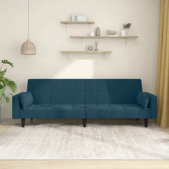 Dvivietė sofa-lova su dvejomis pagalvėmis, mėlyna, aksomas