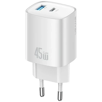 Laidinis įkroviklis USAMS CC290 T66 45W GaN 1xUSB-A 1xUSB-C sidabro spalvos