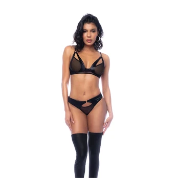 Rock Star Two-Piece Wet Look Mesh Set S/M Black Adjustable Straps