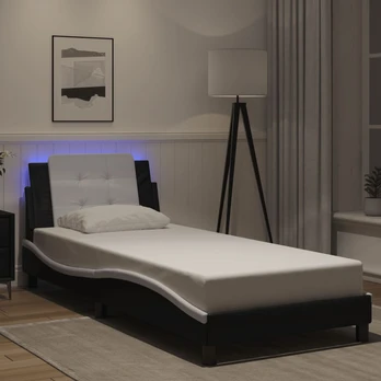 Lovos rėmas su LED, juodas ir baltas, 90x190cm, dirbtinė oda