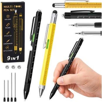 Lean 9-in-1 Multifunction Pens Spirit Level Flashlight Screwdriver Geltona Juodas 2 pcs