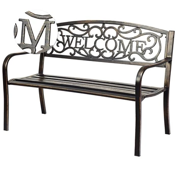 Metalinis sodo suoliukas su užrašu WELCOME