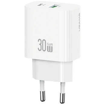Wall charger USAMS CC316 T65 30W 1xUSB-C 1xUSB-A Fast Charging baltas
