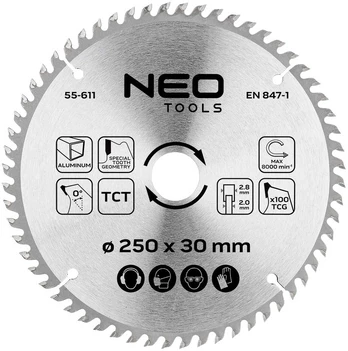 Neo Tools Diskinio pjovimo diskas, Widia, 250 x 30 mm, 100 dantų, aliuminio